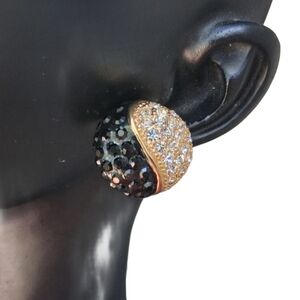 Vintage Roman Collection Domed Rhinestone Earrings – Black & Gold 80s Glam